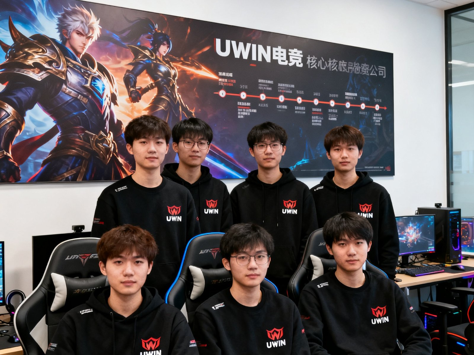 UWIN电竞核心团队在充满电竞元素的现代办公室内合影，背景墙上挂着巨幅英雄联盟海报和公司发展时间轴，团队成员穿着印有UWIN标志的黑色卫衣，神情自信专注