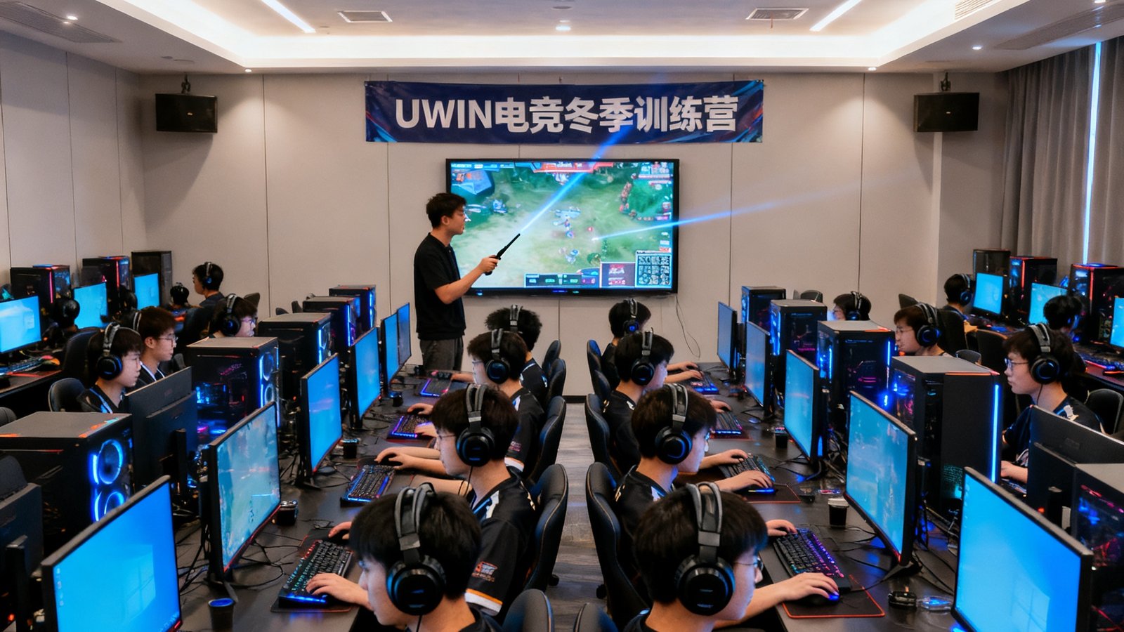 UWIN电竞冬季训练营线下活动现场，宽敞的场馆内摆放着数十台电竞主机，年轻玩家们戴着统一配发的耳机专注训练，教练在中央大屏幕前进行战术讲解