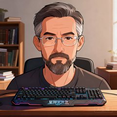 一位留着短胡须的成熟男性玩家头像，戴着无框眼镜，背景是简约的书房环境，桌上放着星际争霸2的限定版键盘